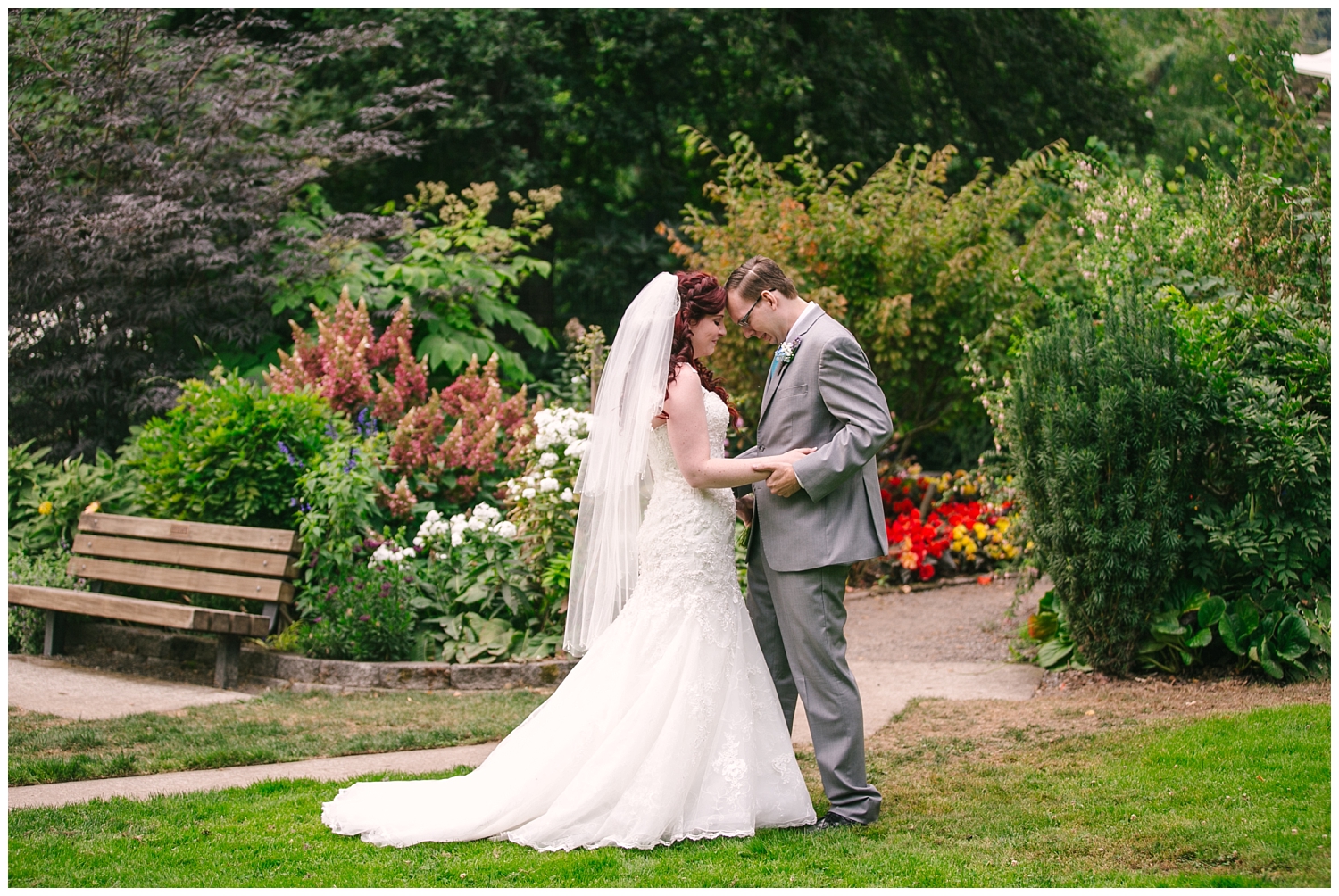 Bride and Groom First Look at Point Defiance Park Rose Garden in Tacoma, WA