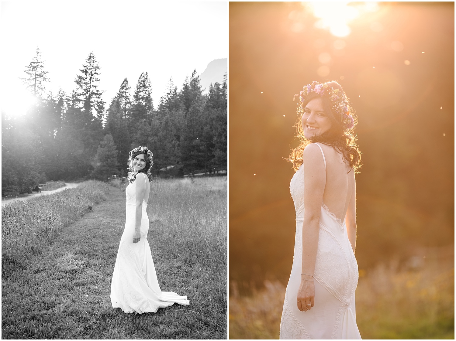 Bride wearing flower crown at golden hour at summer Brown Family Homestead wedding