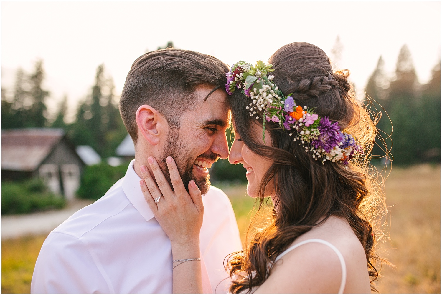 Boho chic bride and groom golden hour portraits at summer Brown Family Homestead wedding