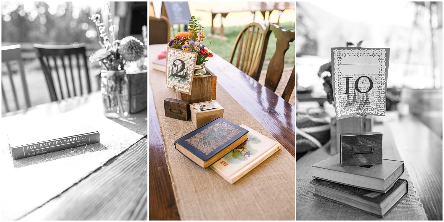 Antique books for wedding centerpieces at rustic chic Brown Family Homestead wedding