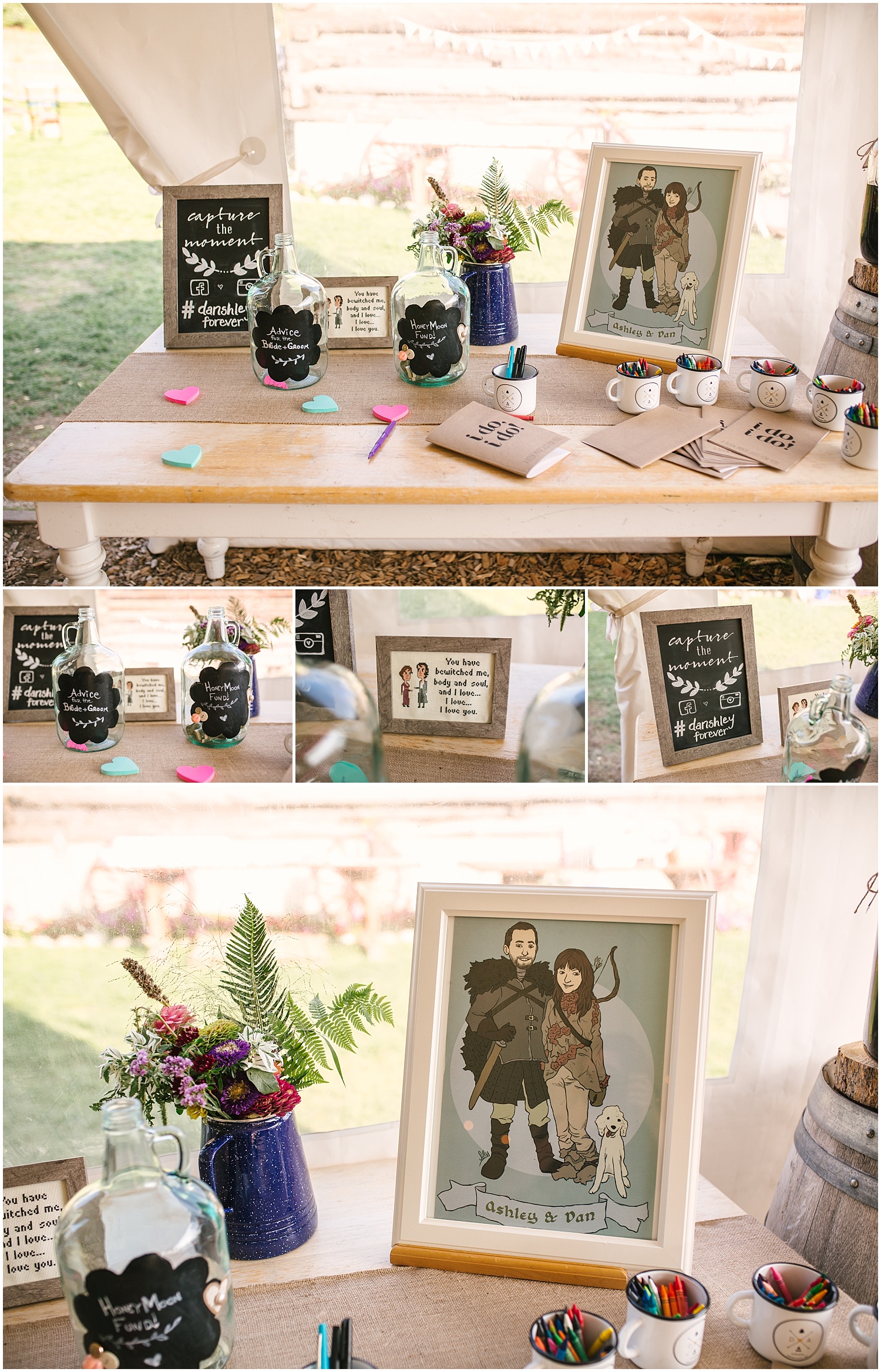 Boho campy + bookworm details at Brown Family Homestead wedding