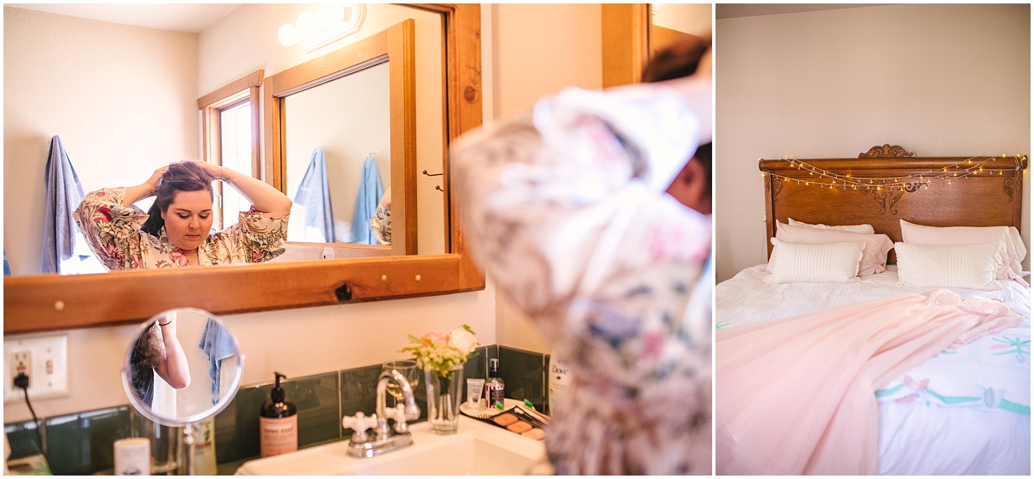 Bride getting ready for intimate mountain cabin wedding