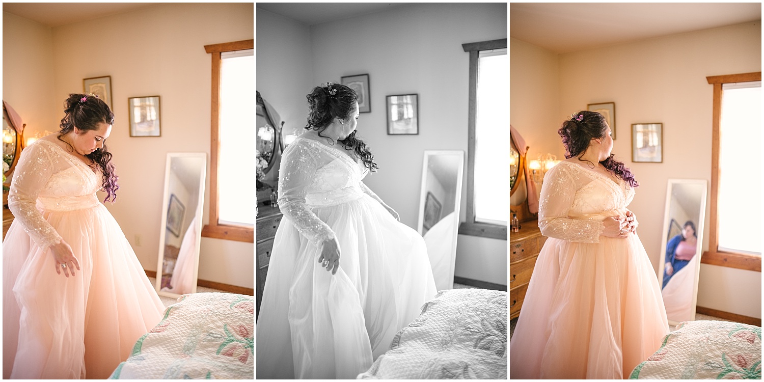 Bride getting ready for intimate mountain cabin wedding