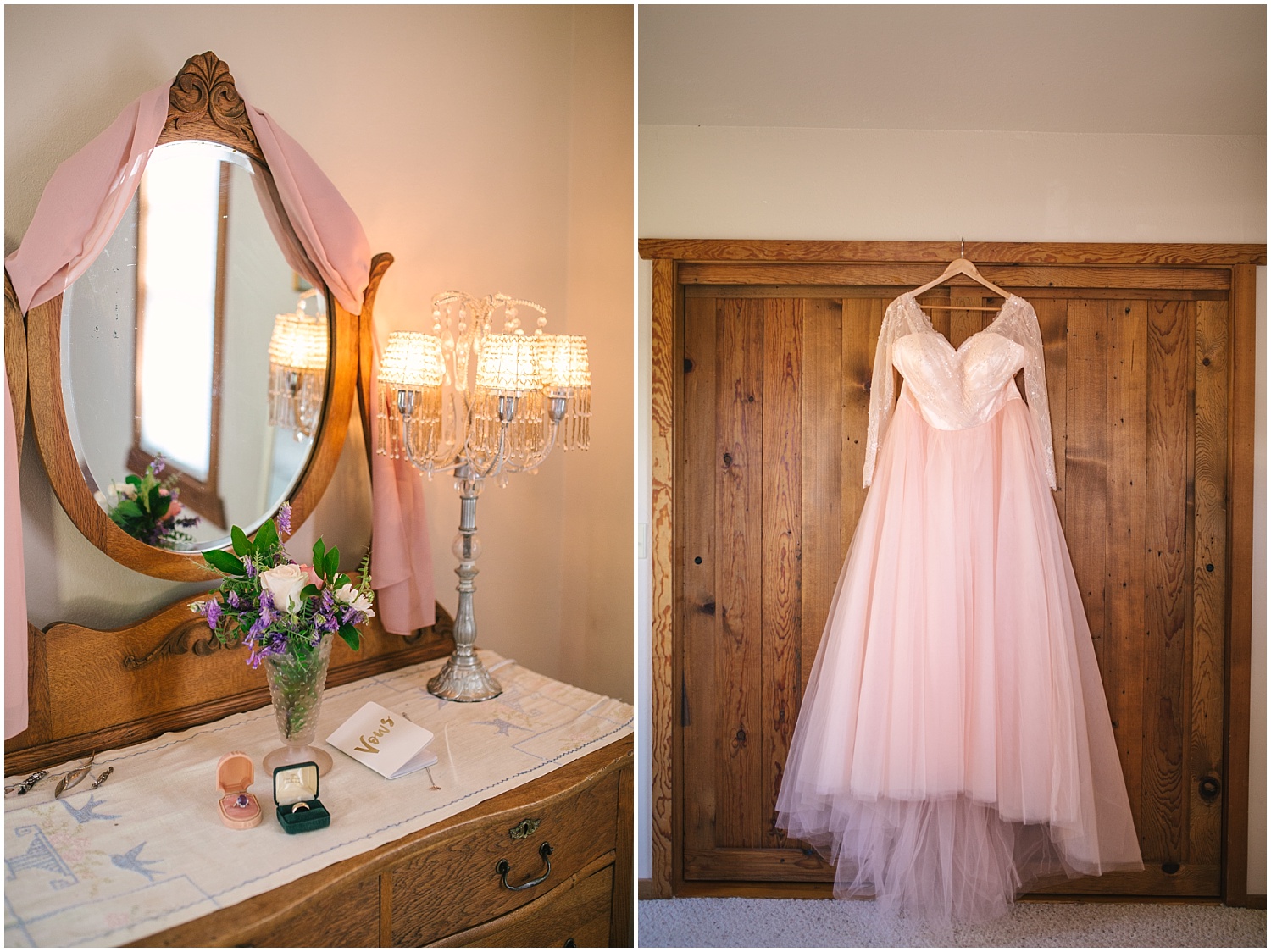 Blush pink wedding dress for intimate mountain cabin wedding