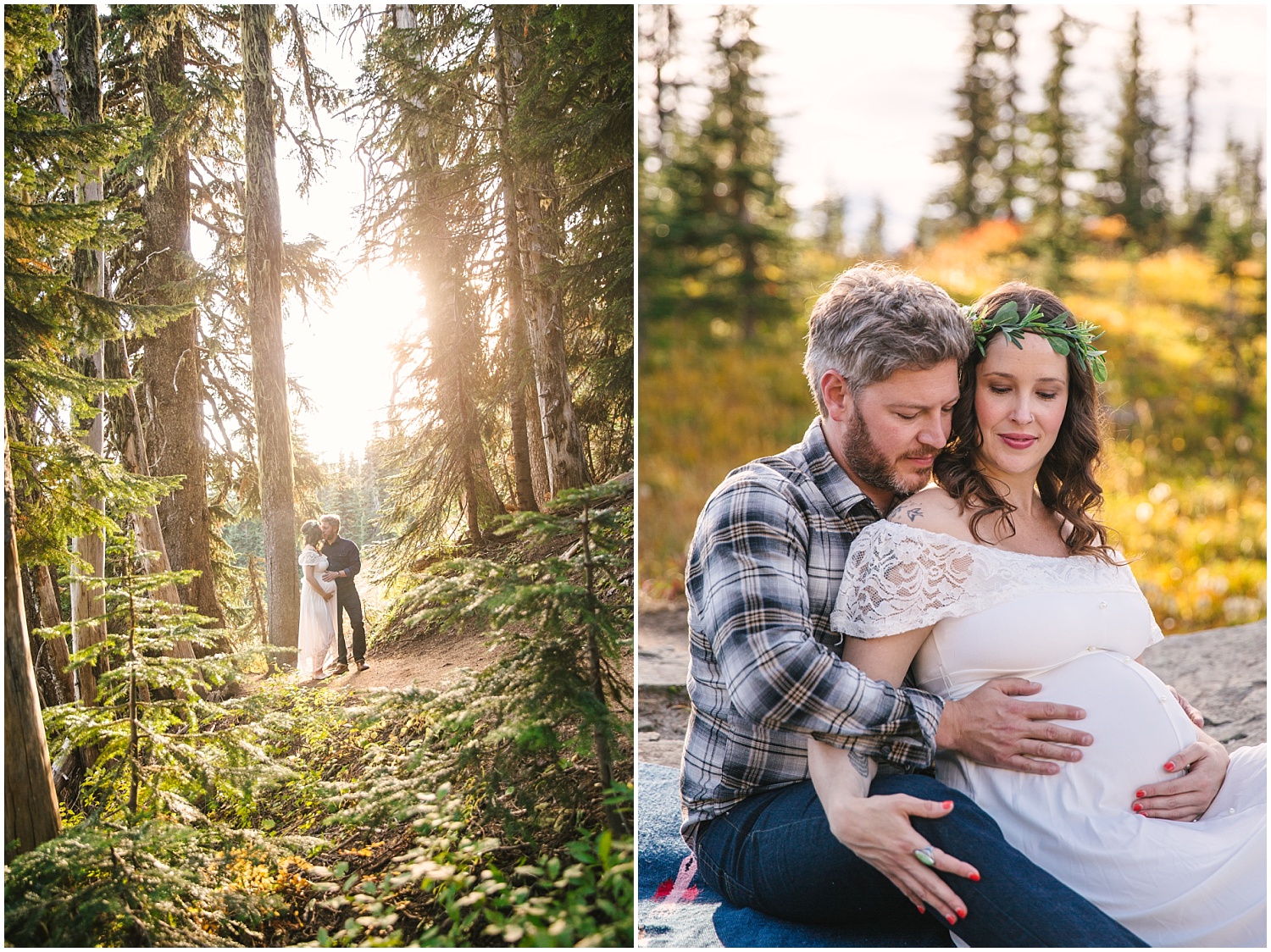 Expectant couple standing in a forest for fall maternity pictures at Mount Rainier National Park