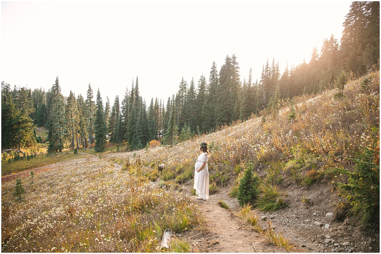 Pregnant woman in white dress and flower crown stands with a deer during fall maternity pictures at Mount Rainier National Park