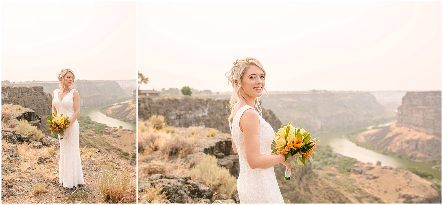 bridal portraits at Twin Falls Idaho wedding overlooking Snake River Canyon