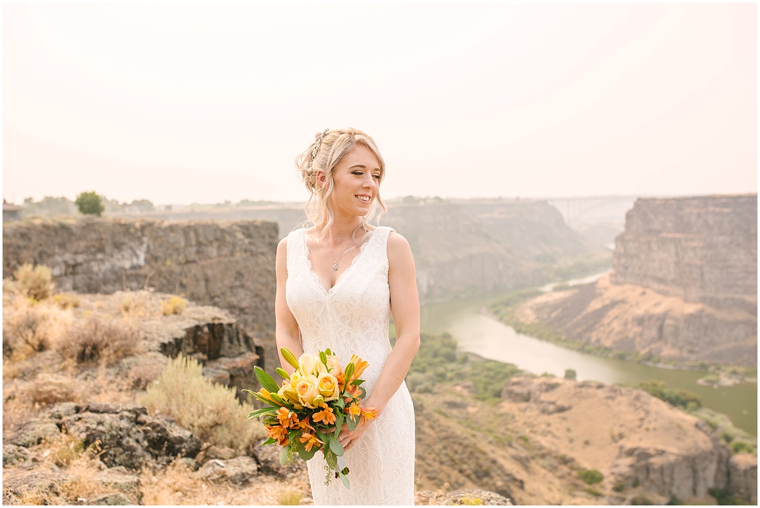 bridal portraits at Twin Falls Idaho wedding overlooking Snake River Canyon