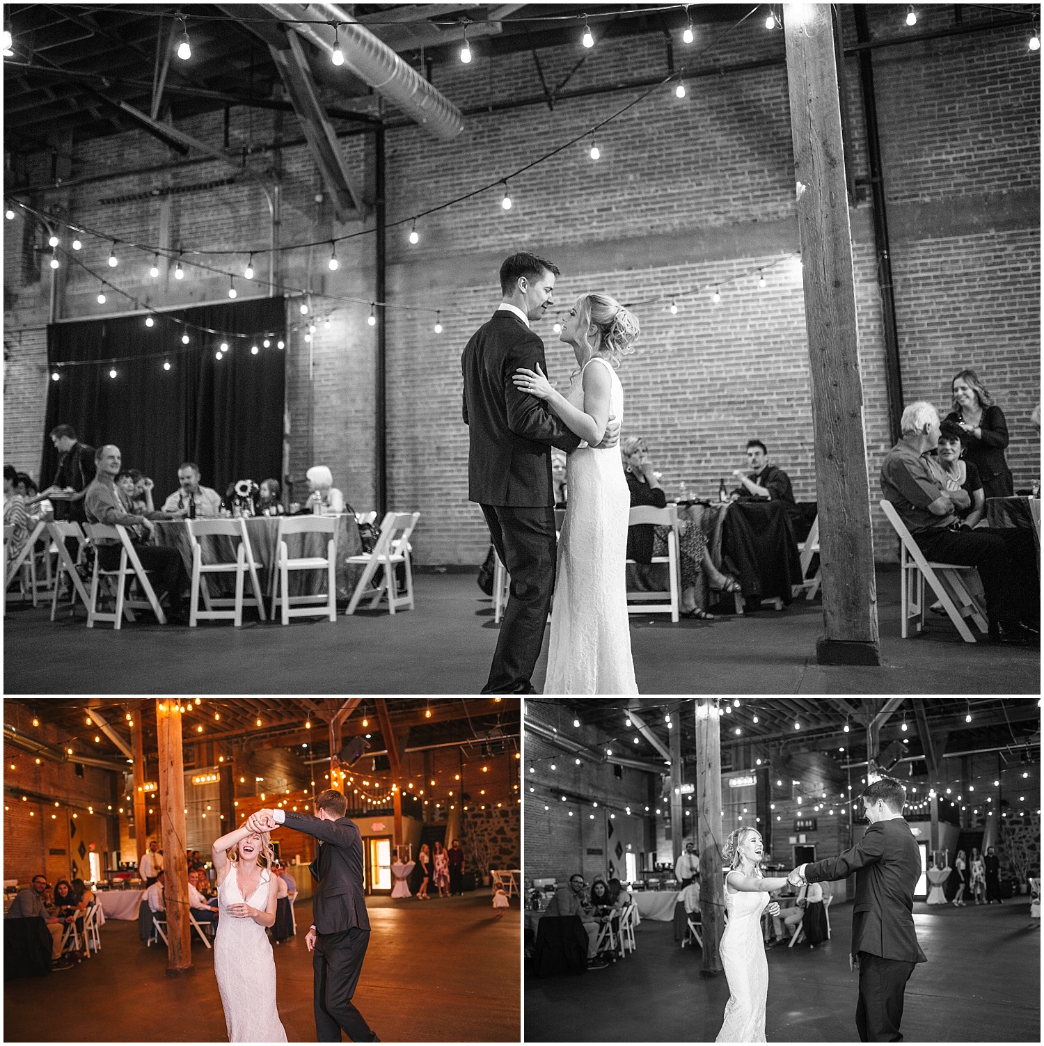 bride and groom's first dance at Twin Falls Idaho wedding reception at 360 Main Event Center brickhouse