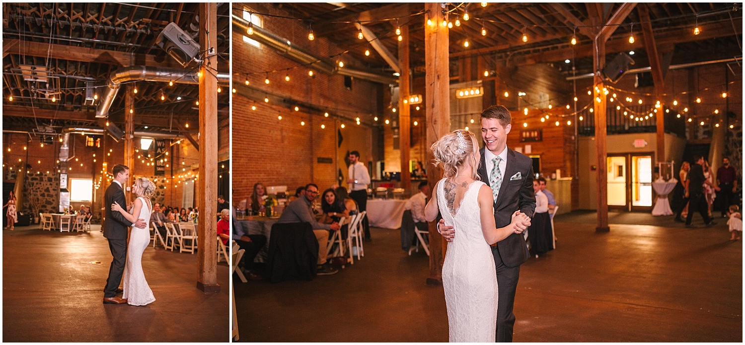 bride and groom's first dance at Twin Falls Idaho wedding reception at 360 Main Event Center brickhouse