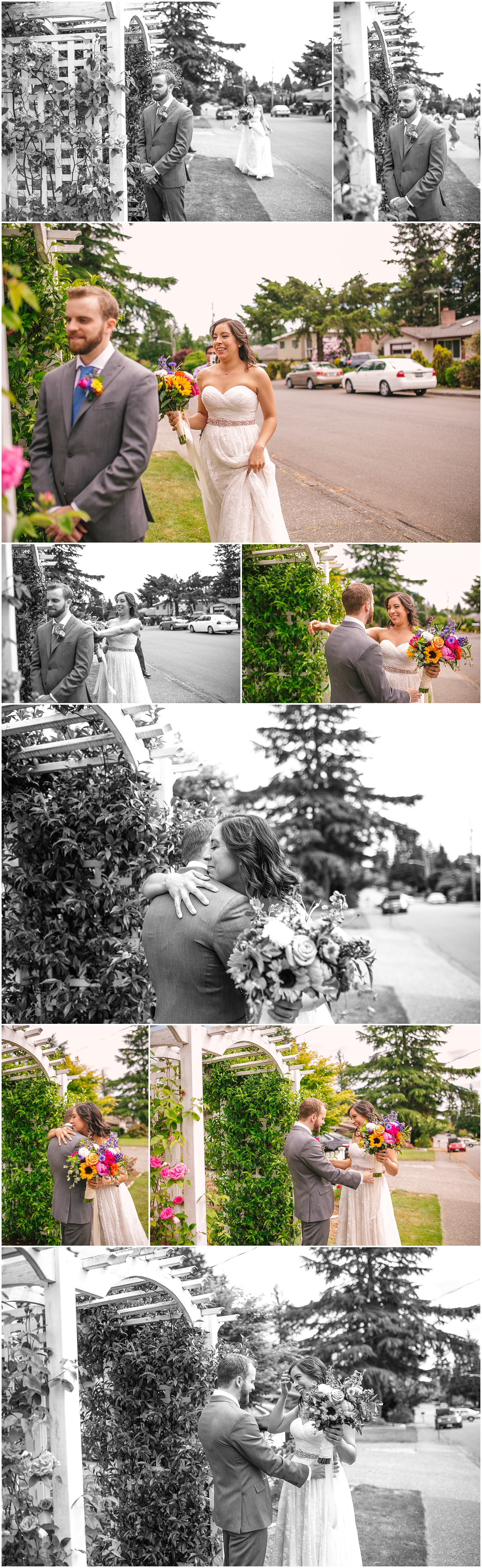 Bride and groom's first look at home before their Seattle Municipal Court wedding ceremony