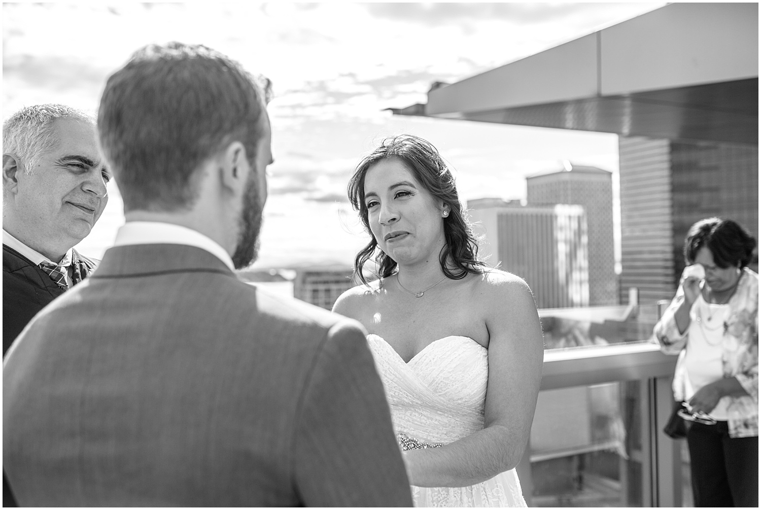 Seattle Municipal Court wedding ceremony on the rooftop, with a view of downtown Seattle.