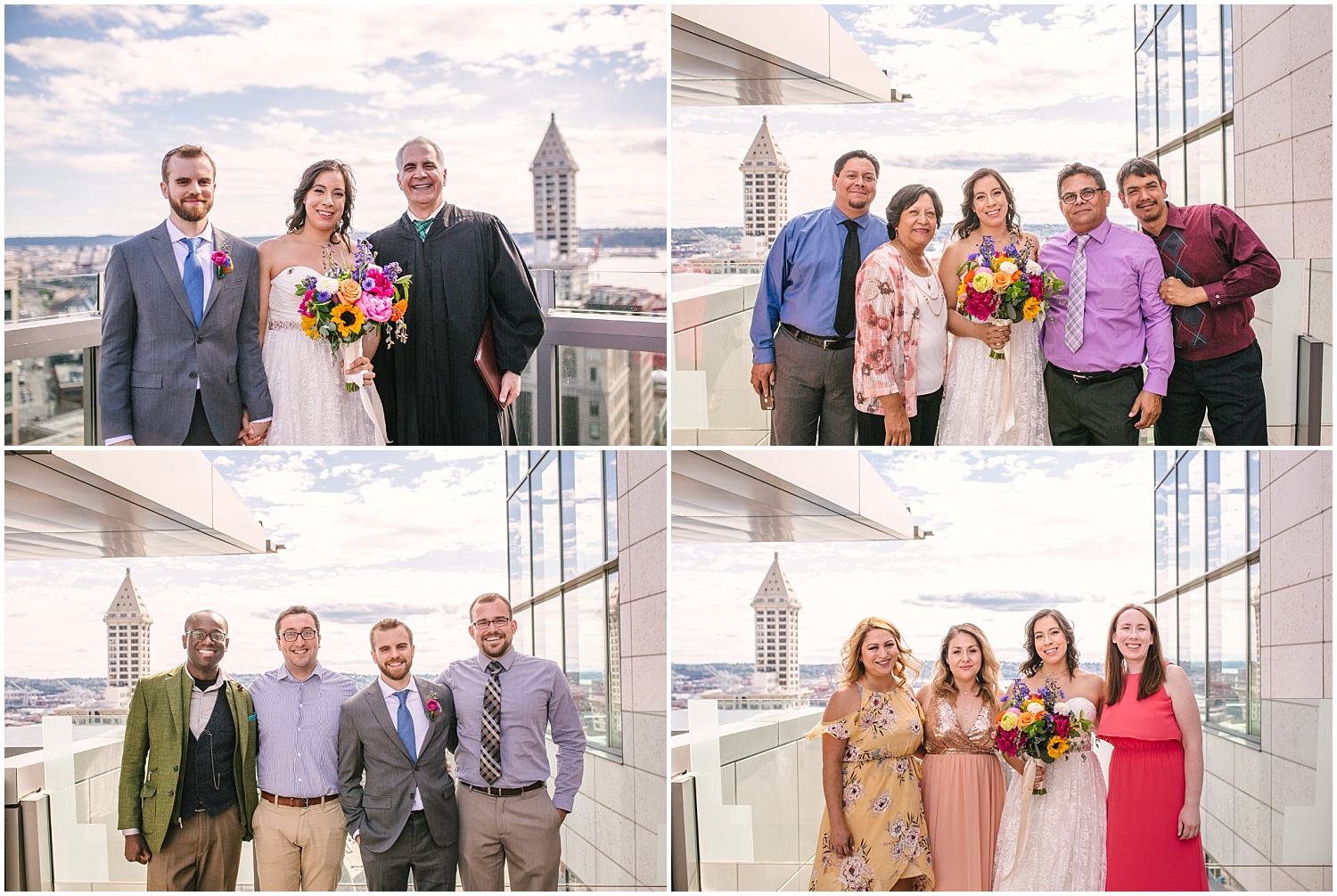 Group family photos at Seattle Municipal Court wedding on the rooftop.