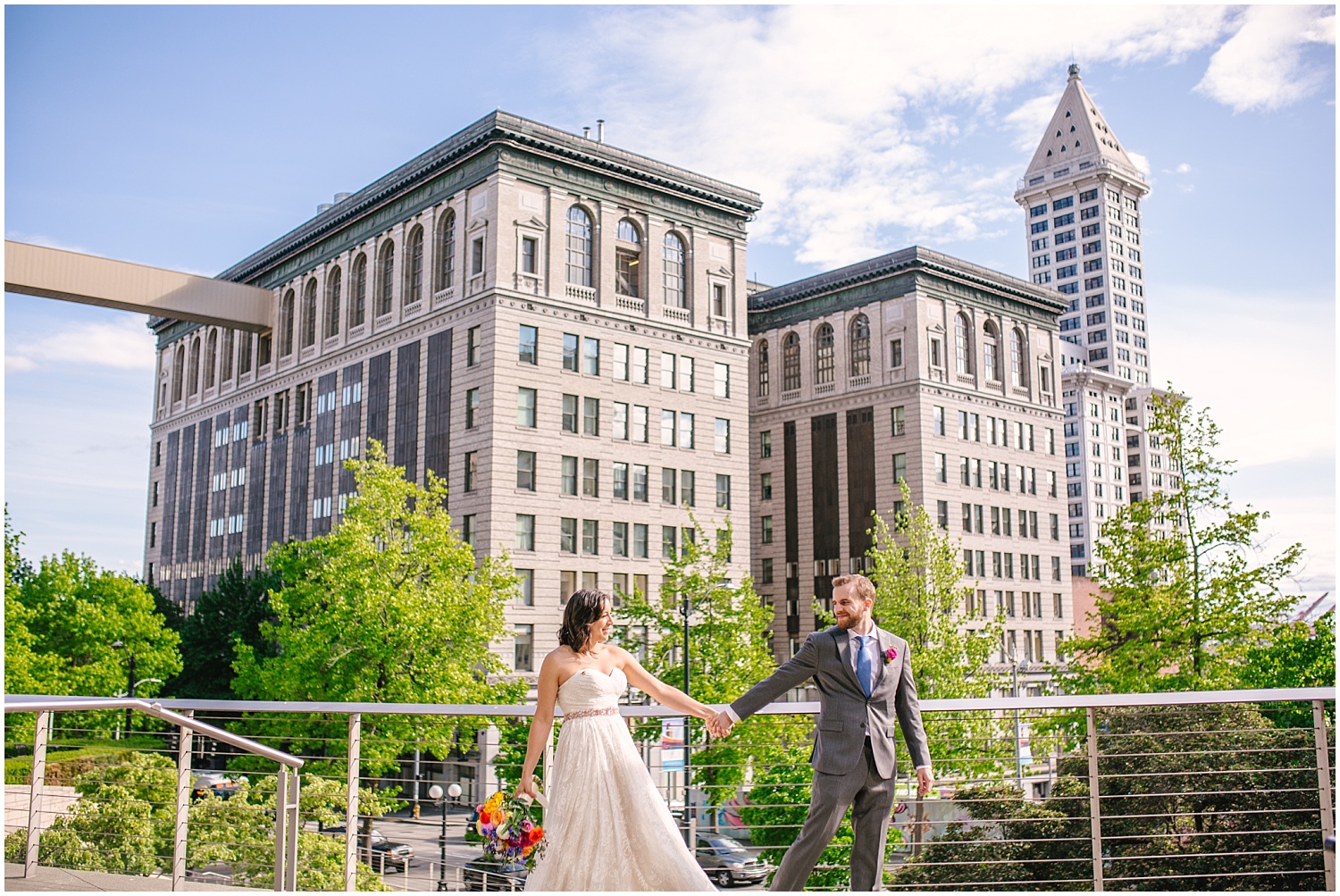 Bride and groom wedding portraits in downtown Seattle after Seattle Municipal Court Wedding