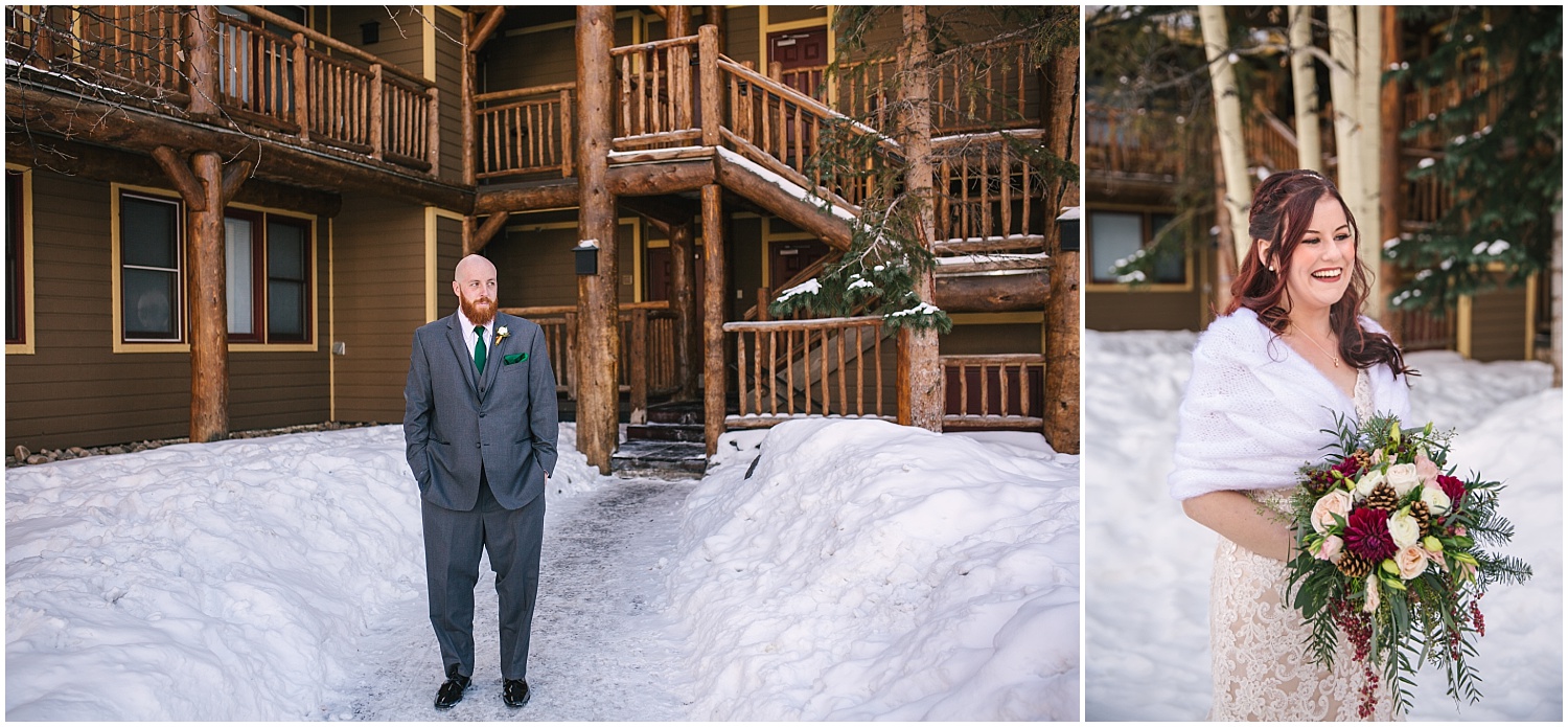 bride and groom portraits at The Lodge at Breckenridge winter wedding
