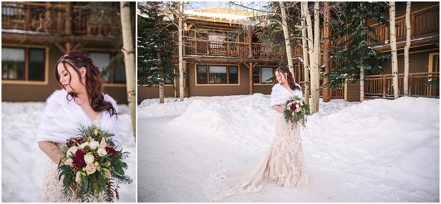 bride standing in the snow at The Lodge at Breckenridge winter wedding