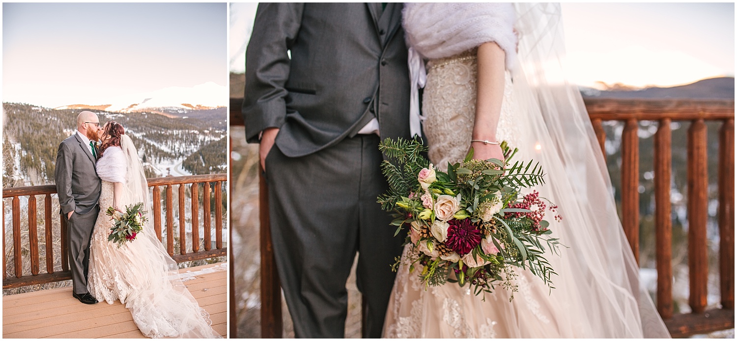 bride and groom portraits on the deck at The Lodge at Breckenridge winter wedding