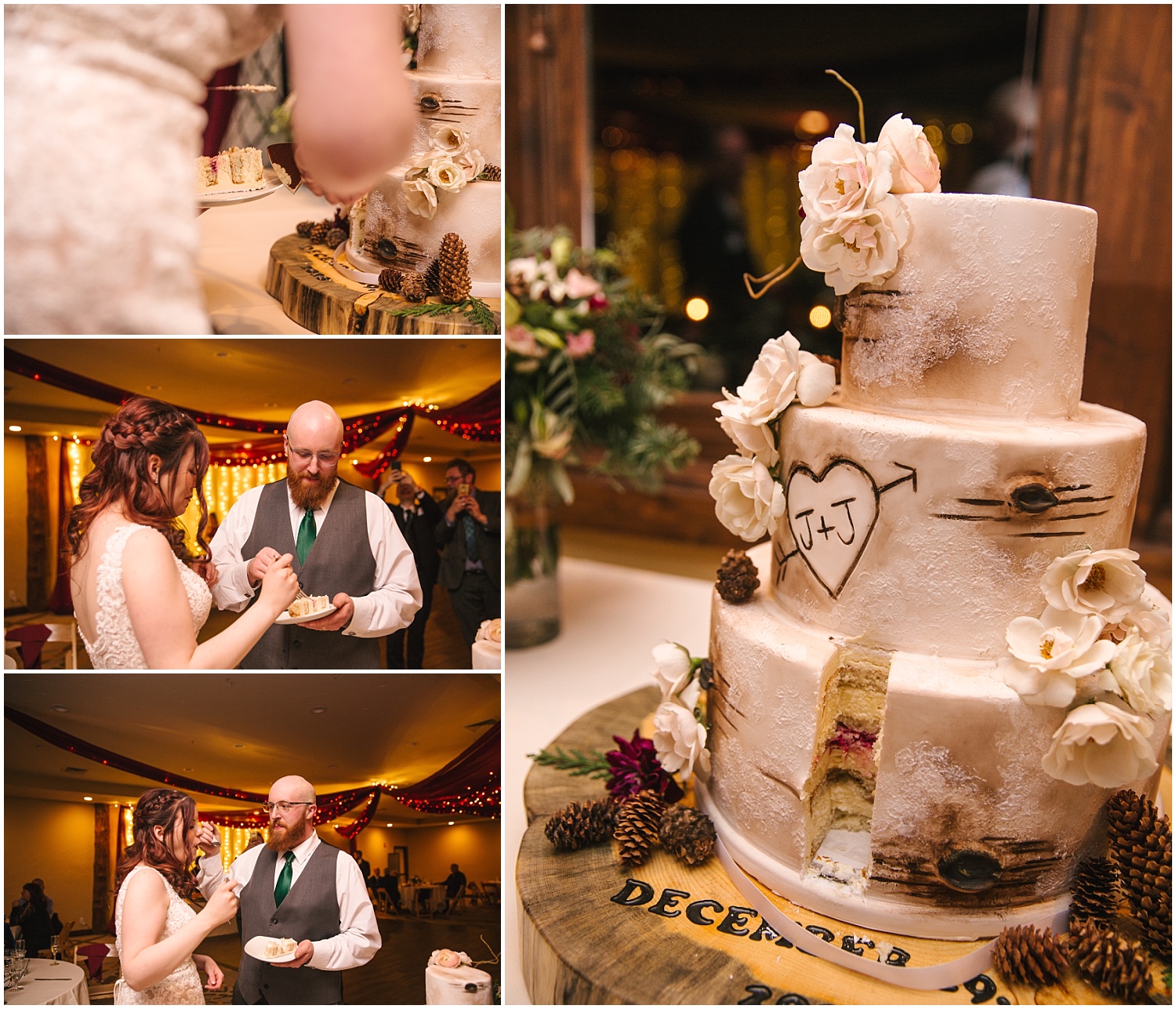 bride and groom cutting the cake at The Lodge at Breckenridge winter wedding reception