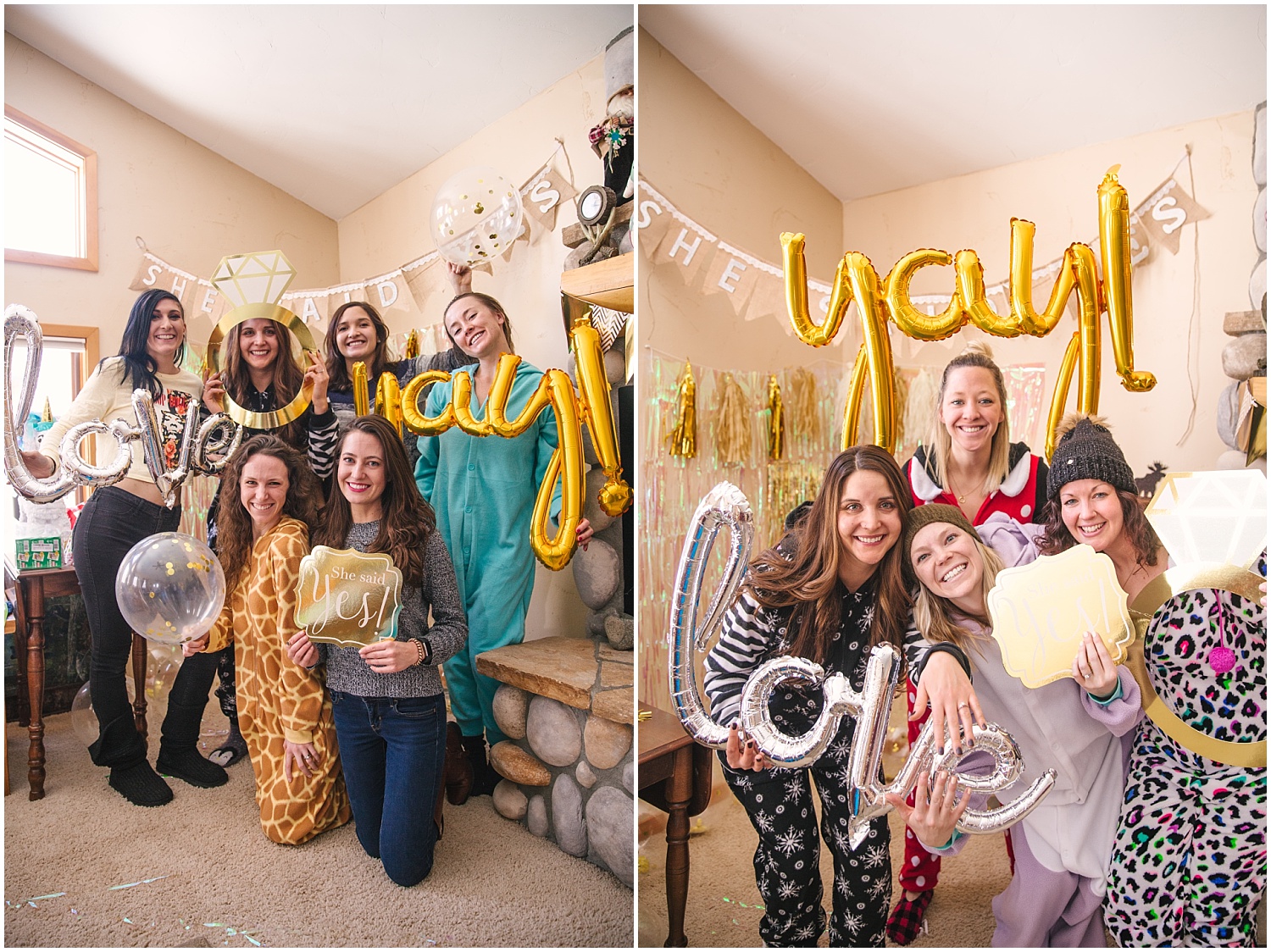 Costume onesie photo booth for surprise proposal engagement party