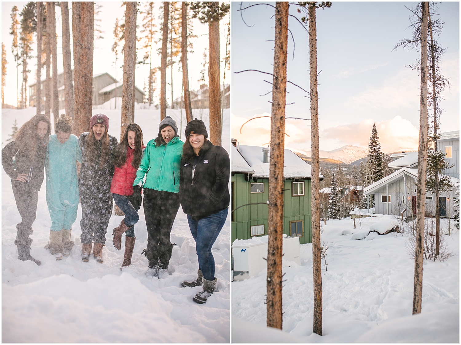 Friends celebrating surprise proposal engagement party in the snow at Winter Park, Colorado