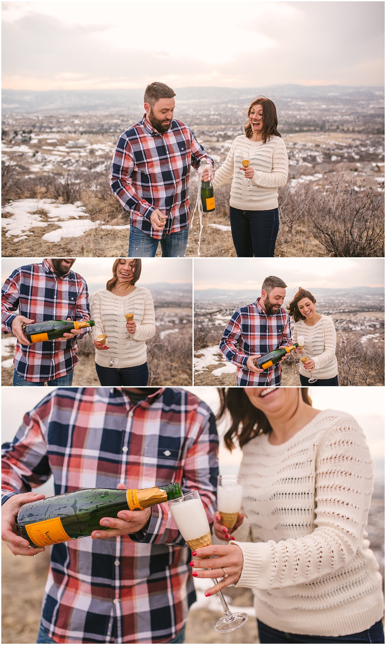 Popping champagne for Castle Rock Colorado engagement photos.