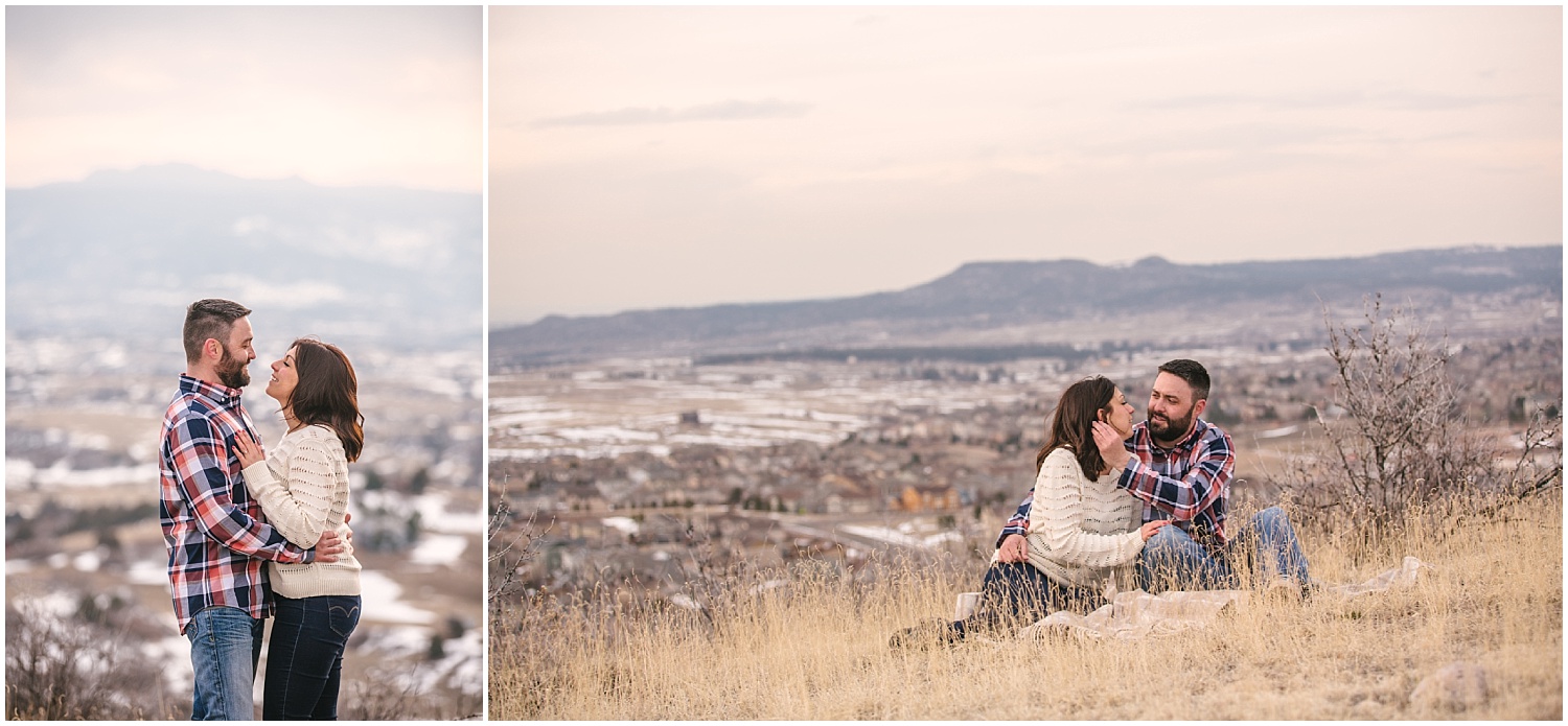 Castle Rock Colorado engagement photos with mountain views at sunset.