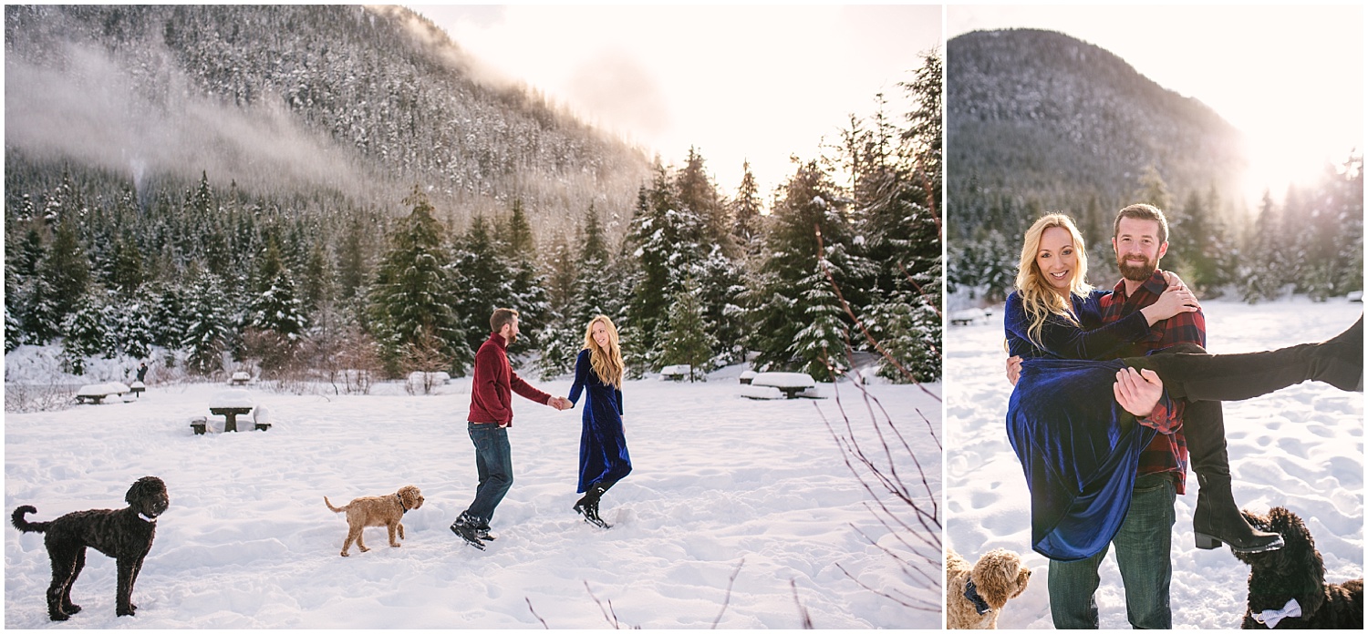 Snowy Winter Engagement Pictures at Snoqualmie Pass featuring two doodle mix dogs.