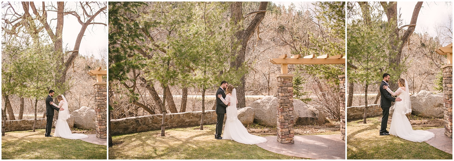 Bride and groom have their first look before wedding ceremony at Wedgewood Weddings Boulder Creek
