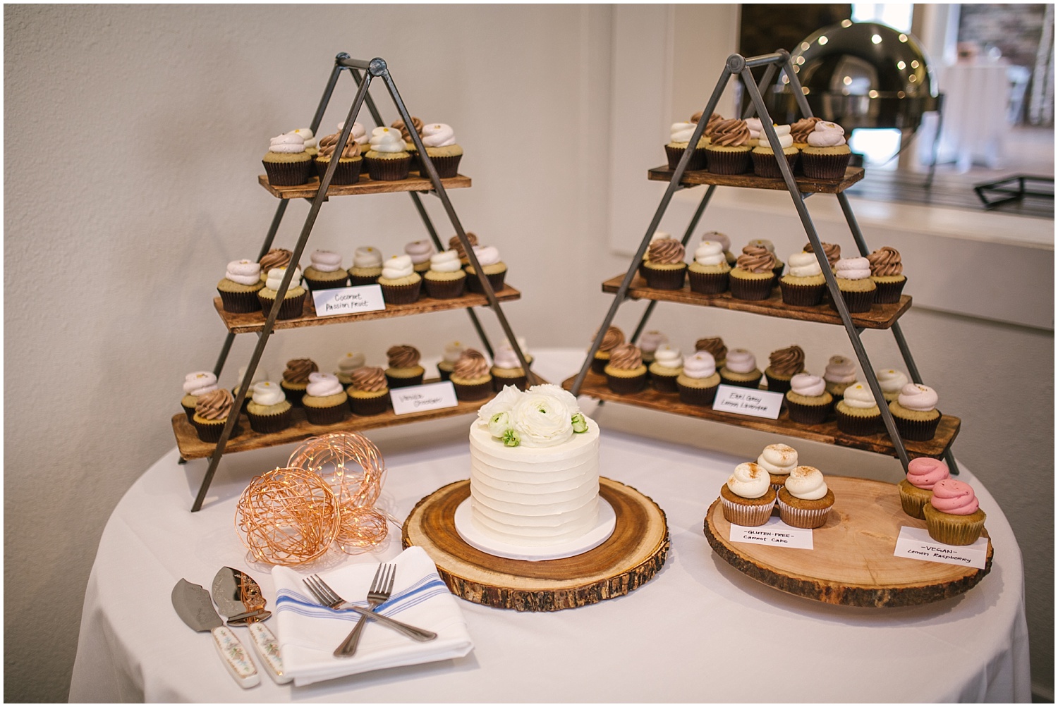 Wedding cake and cupcakes at Wedgewood Weddings Boulder Creek spring wedding