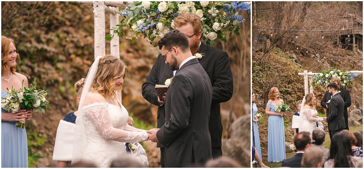 Bride and groom exchange rings at wedding ceremony by the creek at Wedgewood Weddings Boulder Creek wedding venue