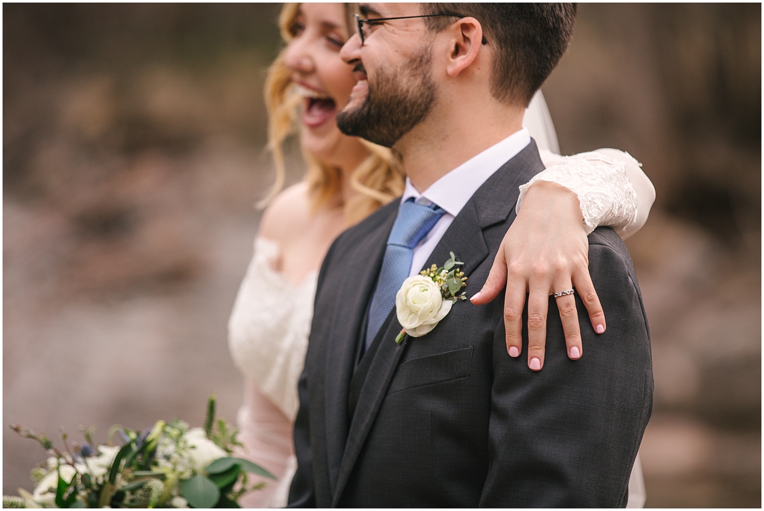 Bride's hand on groom's shoulder at Wedgewood Weddings Boulder Creek