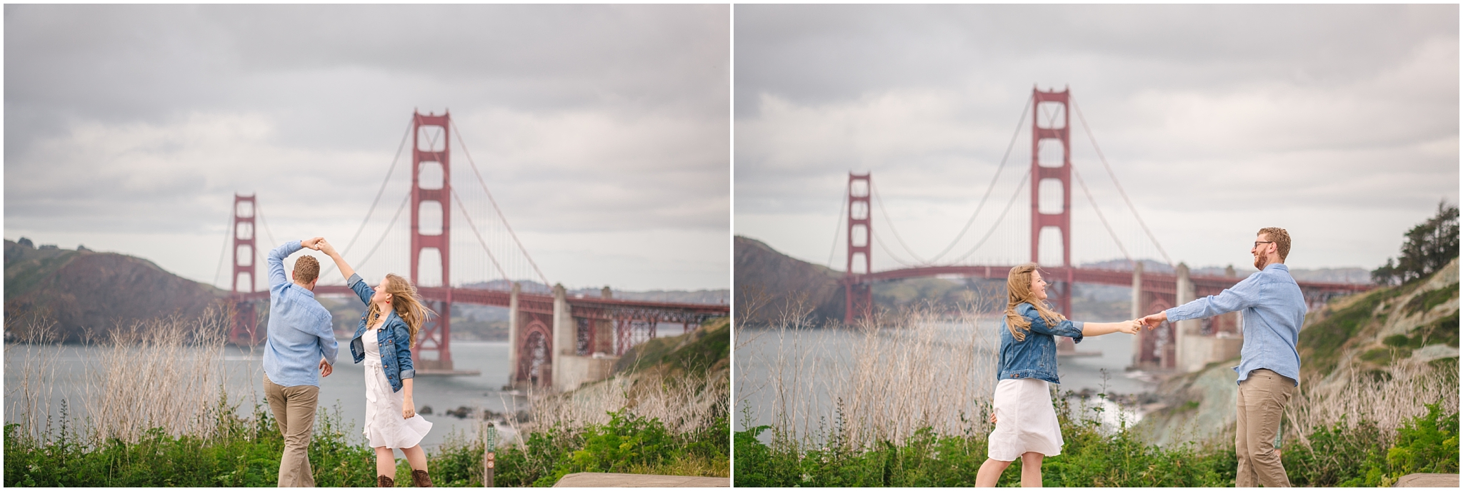 Engaged couple dancing in front of Golden Gate Bridge in San Francisco