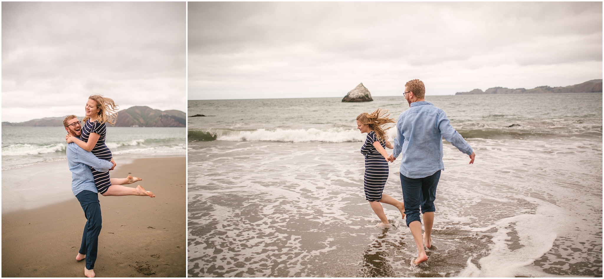 Couple running on the beach - Marshall Beach San Francisco engagement pictures