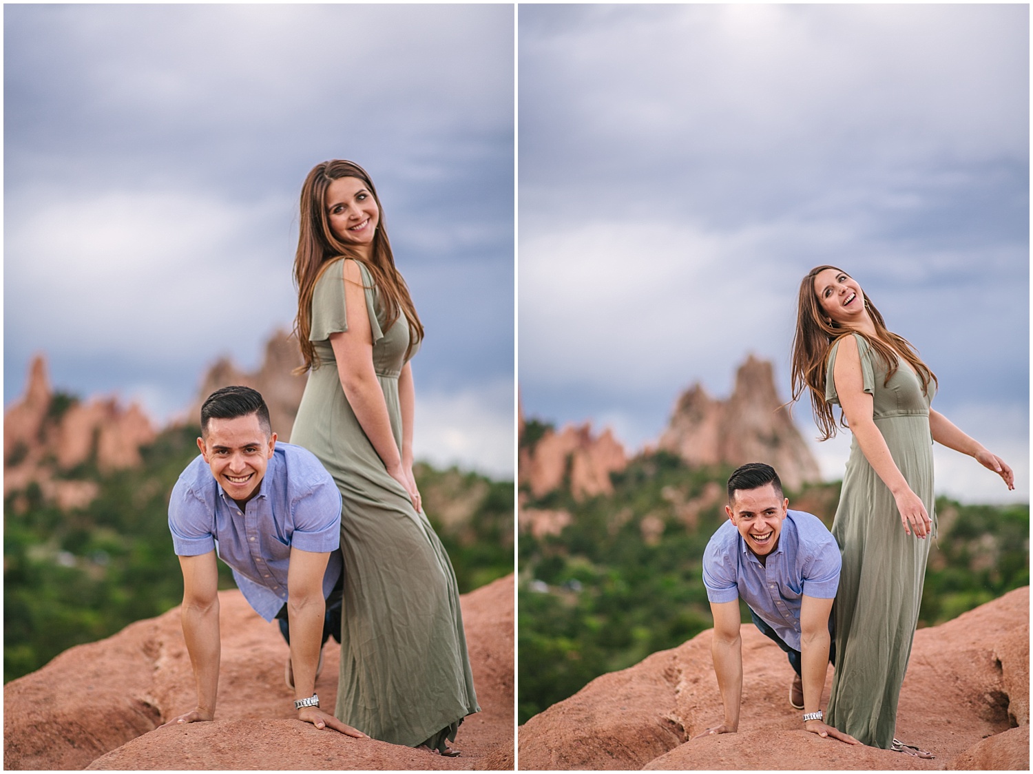 Couple showing off muscles on red rocks at Garden of the Gods in Colorado Springs