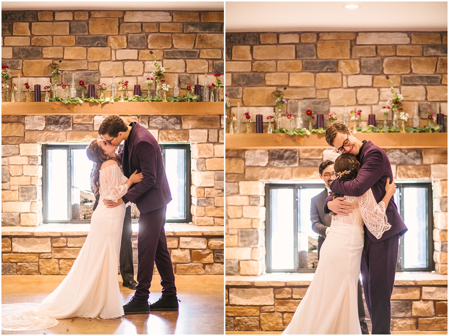 Bride and groom's first kiss at Hearth House Venue wedding in Monument, Colorado