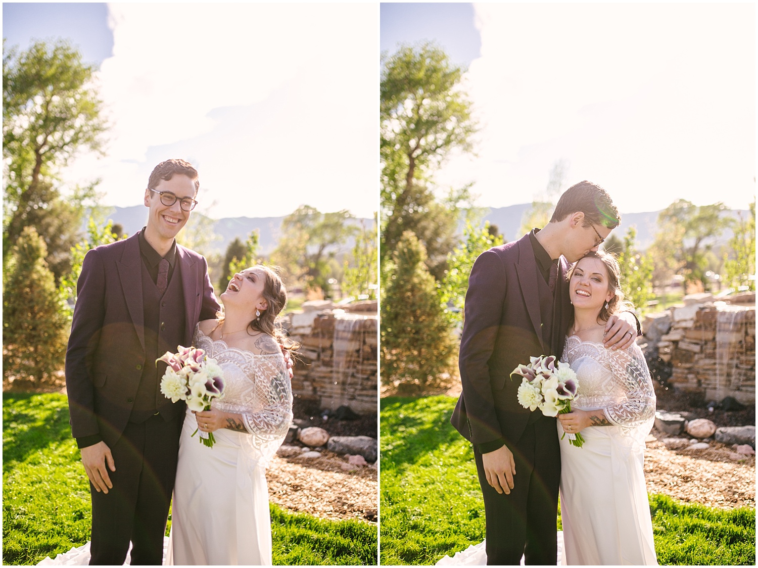 Bride and groom on the lawn at Hearth House Venue wedding in Monument, Colorado