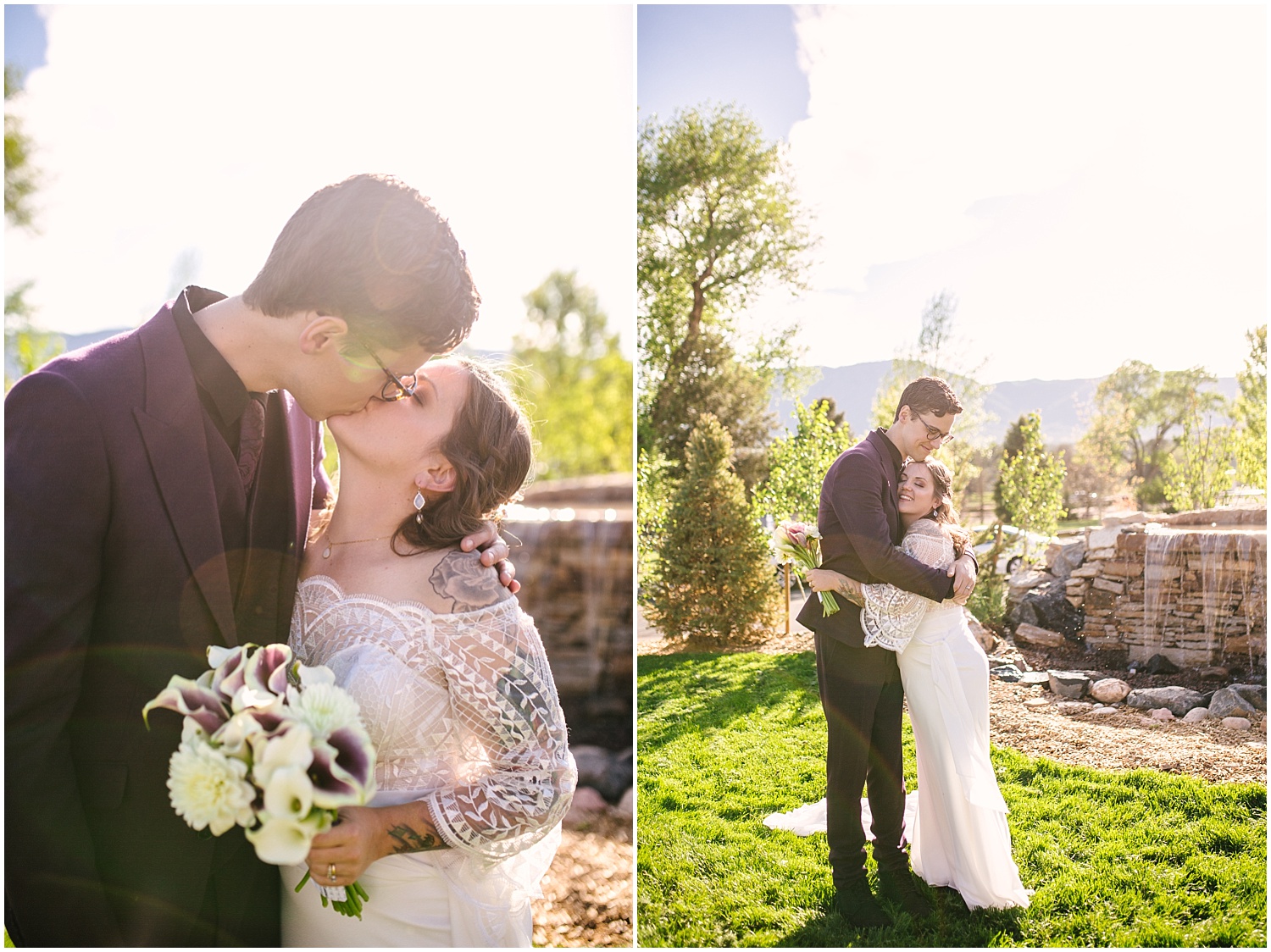 Bride and groom kissing and hugging on the lawn at Hearth House Venue wedding in Monument, Colorado
