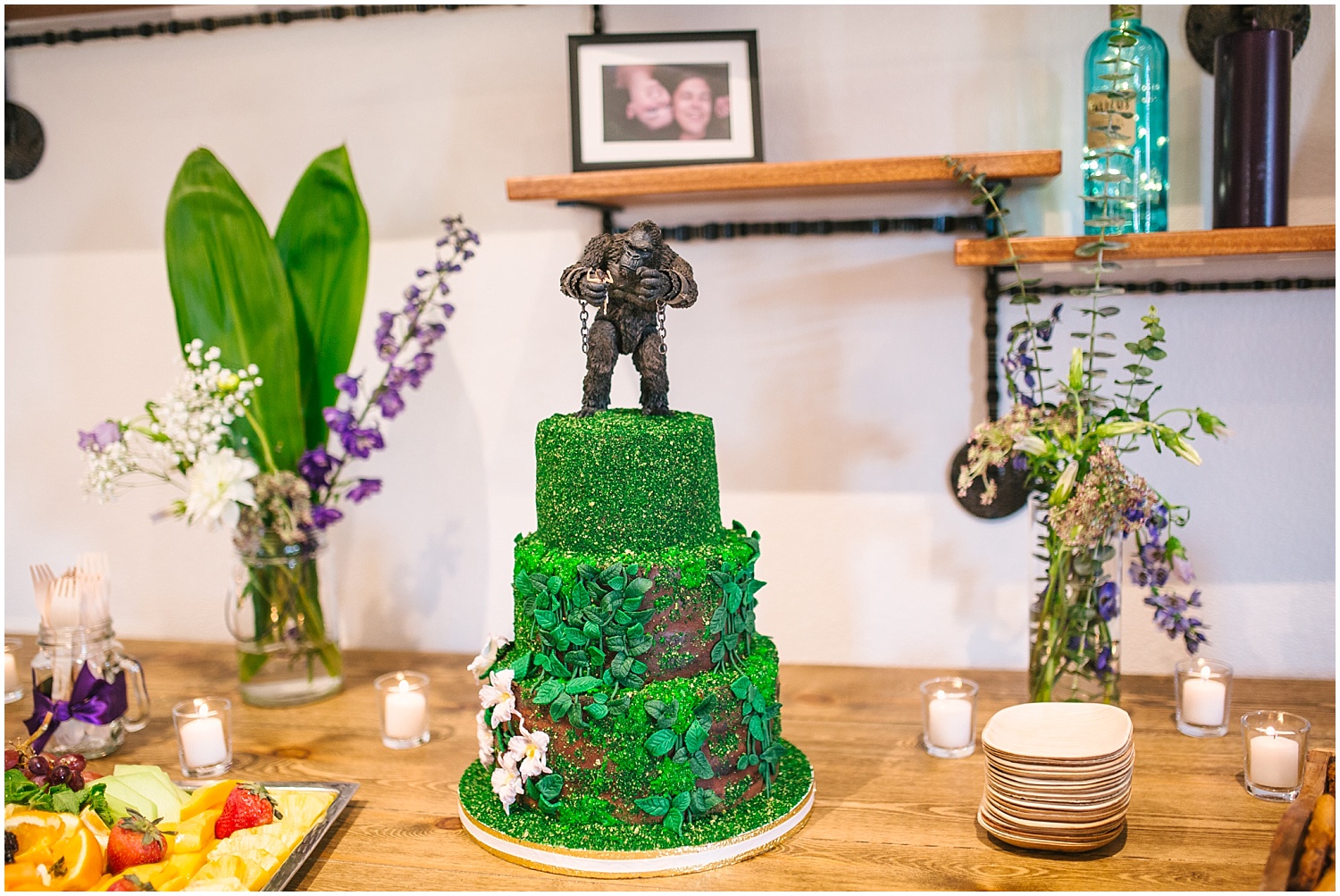 Green King Kong wedding cake by Sweet Creations by Sherri at Hearth House Venue wedding in Monument, Colorado