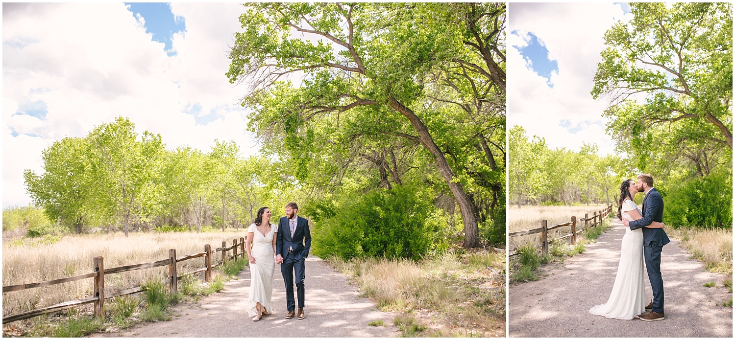 Bride and groom walking through the Rio Grande Bosque at Hyatt Regency Tamaya wedding in New Mexico