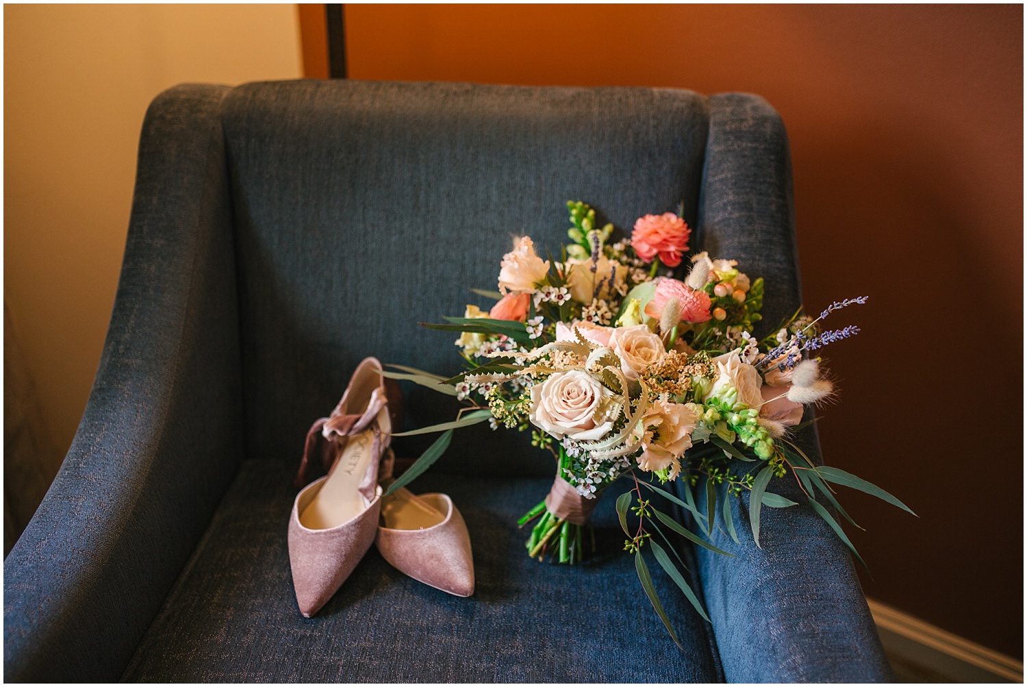 Shoes and bridal bouquet by Florecita Flowers at Hyatt Regency Tamaya wedding in New Mexico