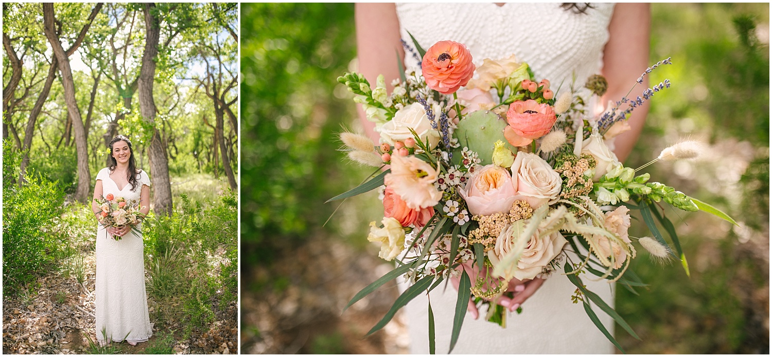 Southwestern peony and cactus bouquet by Floriography Flowers at Hyatt Regency Tamaya wedding in New Mexico