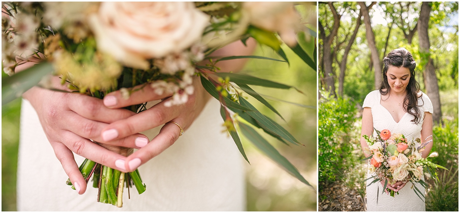 Bride with southwestern peony and cactus bouquet by Floriography Flowers at Hyatt Regency Tamaya wedding in New Mexico