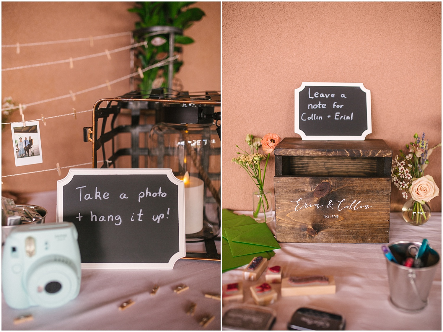 Card box and instant camera display for guests at Hyatt Regency Tamaya wedding in New Mexico
