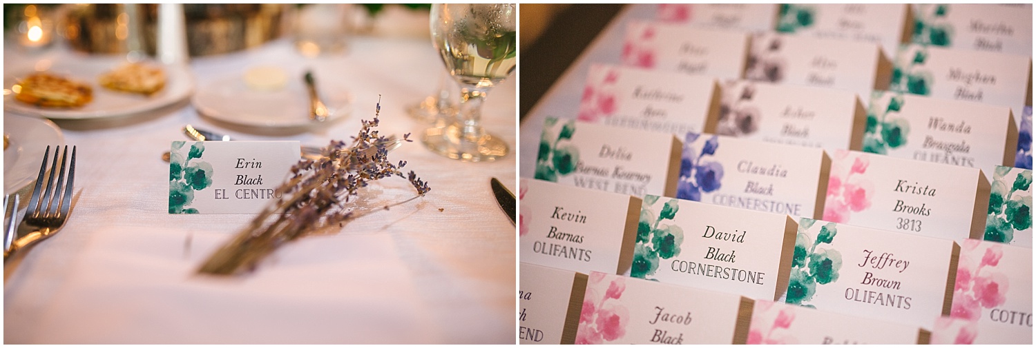 Lavender and floral place cards for Hyatt Regency Tamaya wedding reception details