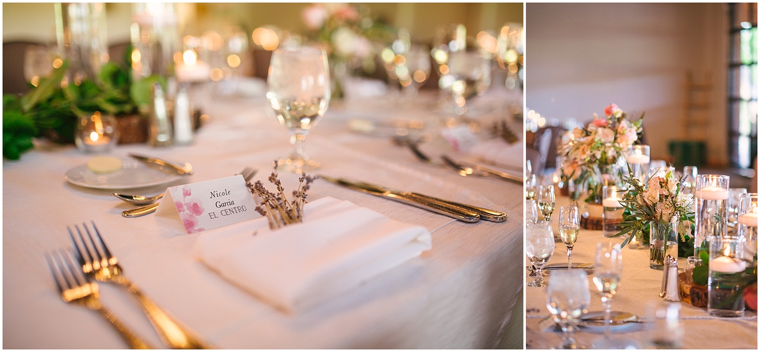Lavender, peonies and candles for Hyatt Regency Tamaya wedding reception details