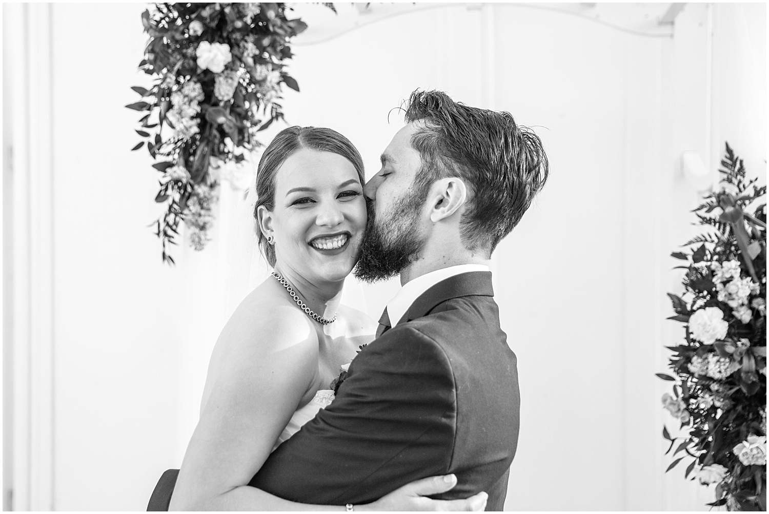 Black and white bride and groom portraits at Jefferson Street Mansion wedding