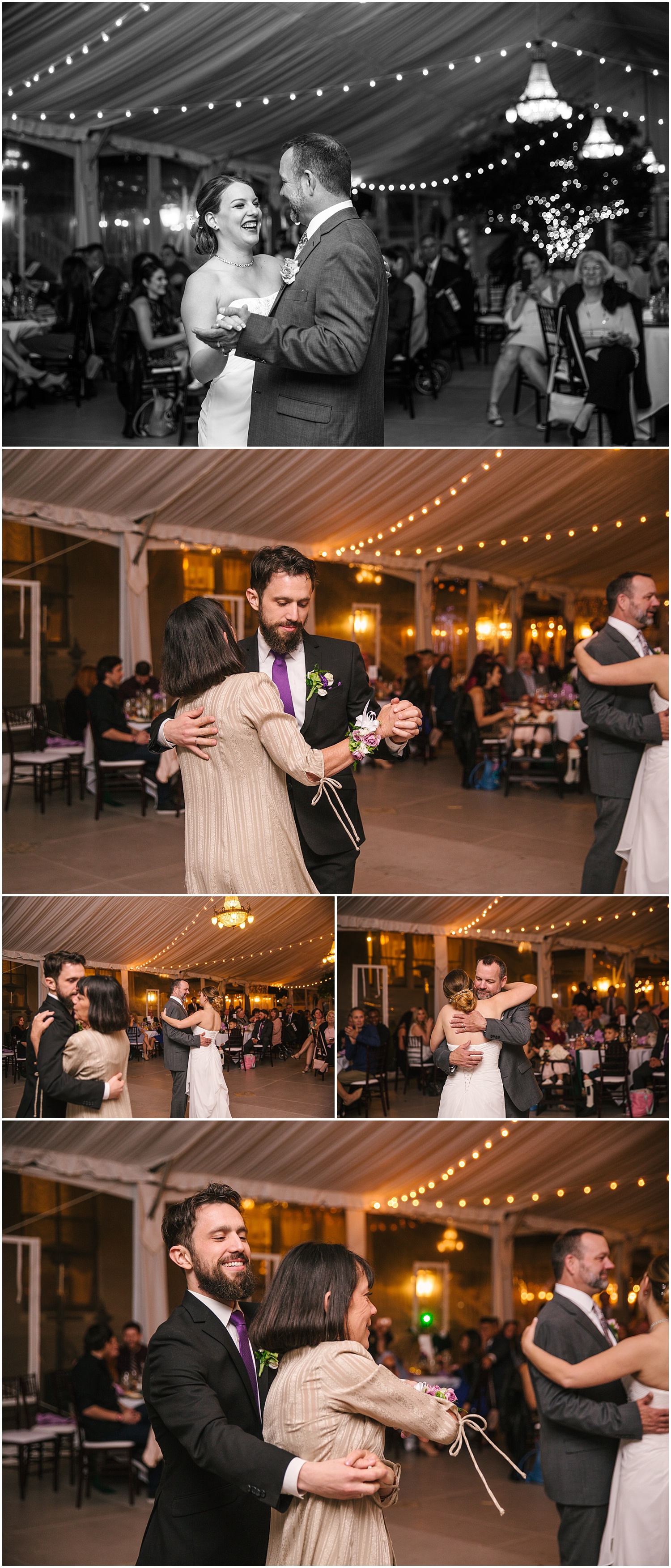 Bride and groom dance with parents at Jefferson Street Mansion wedding reception