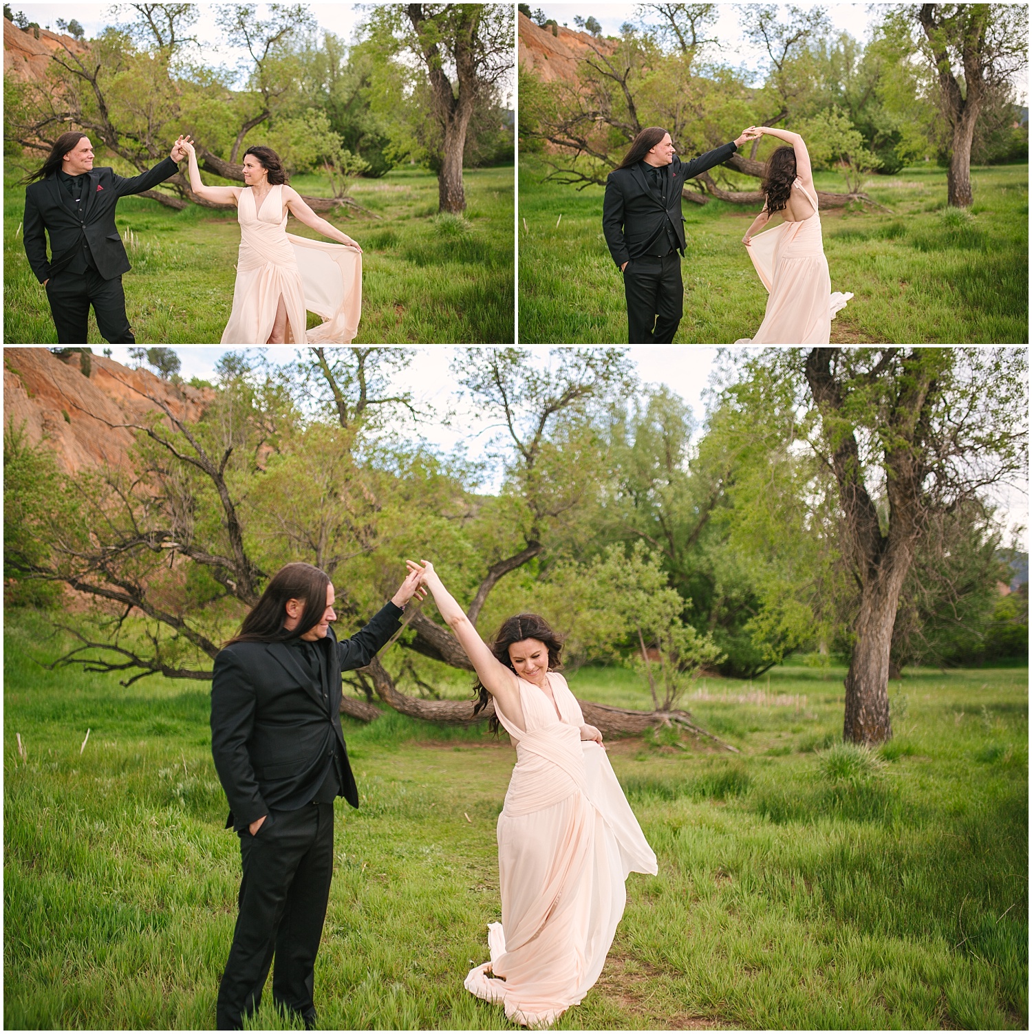 Bride and groom dancing under large tree at Red Rock Canyon Open Space 