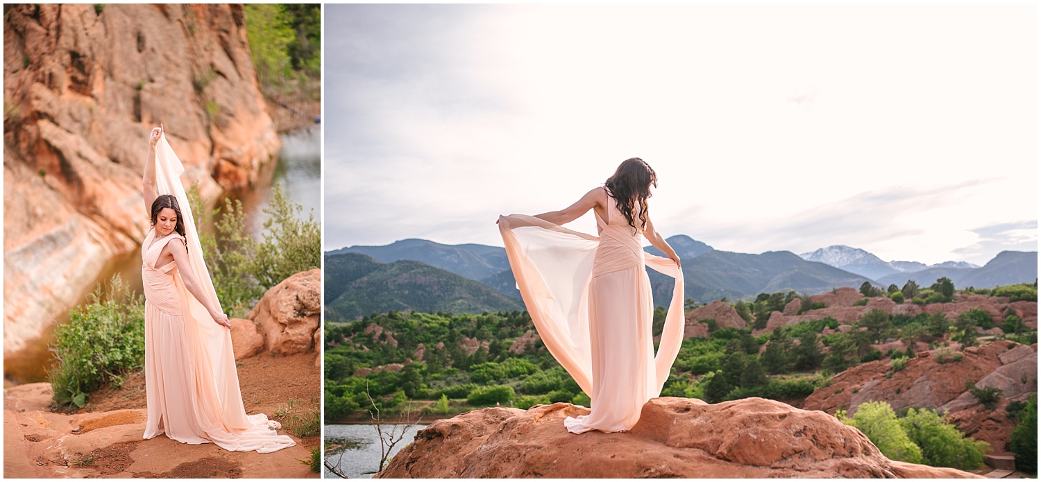 Bride in long pink dress at Red Rock Canyon Open Space overlook