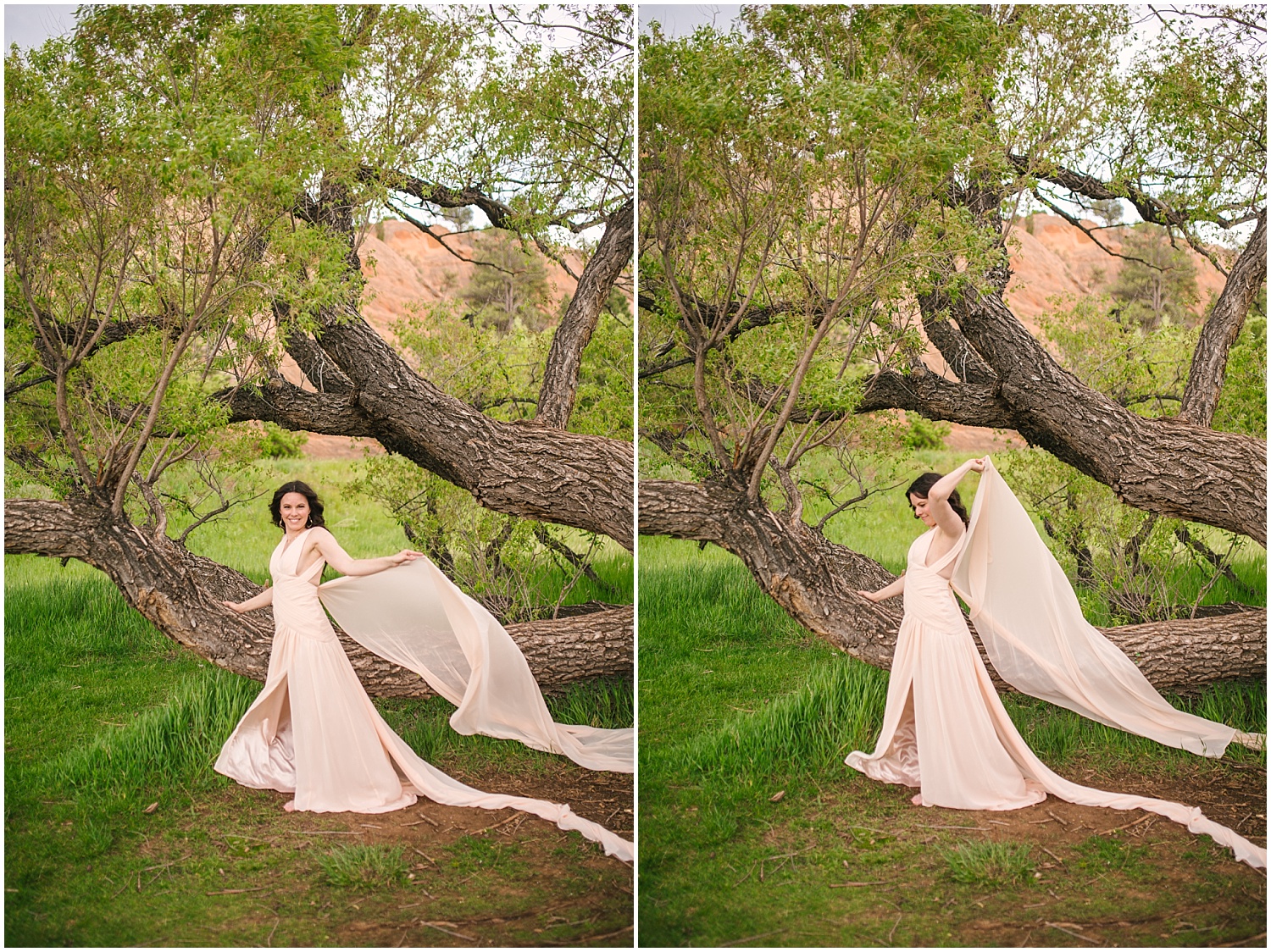 Bride dancing in flowing pink dress under large tree at Red Rock Canyon Open Space 